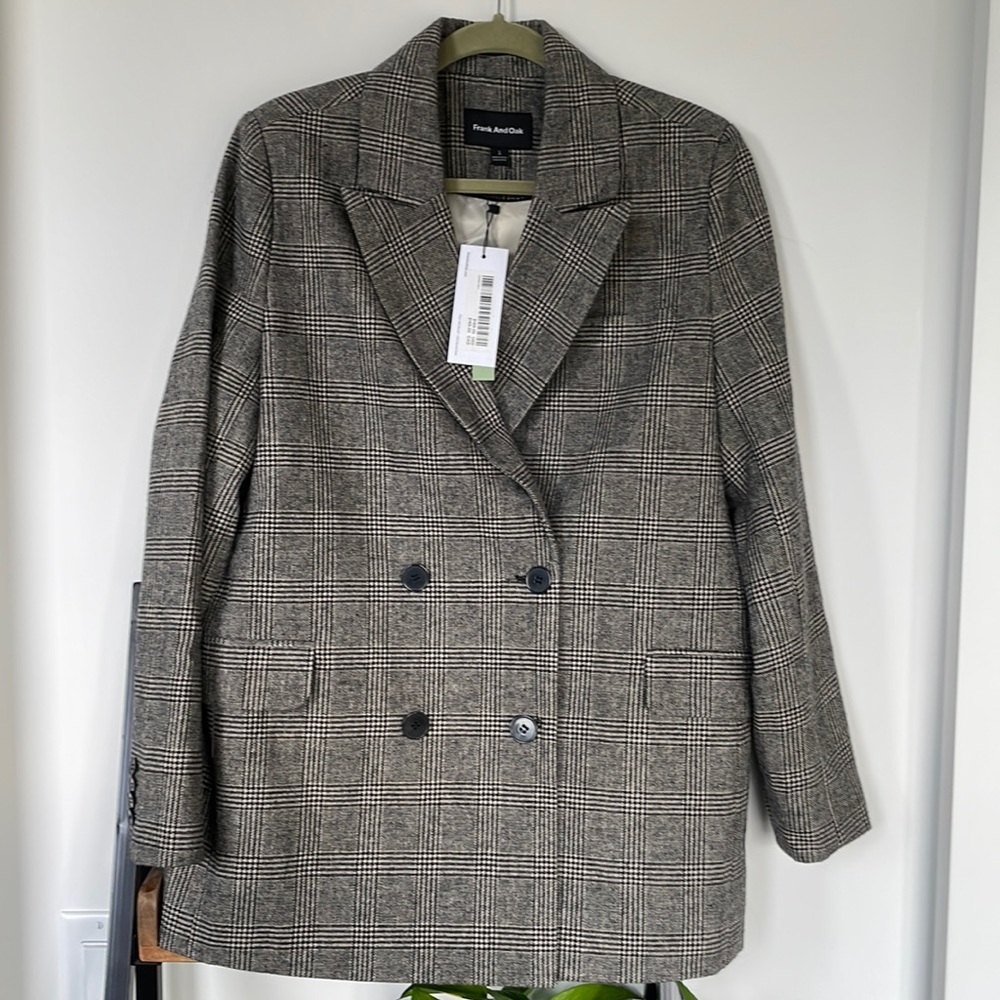 Frank & Oak Black & White Houndstooth Checkered Wool Blazer